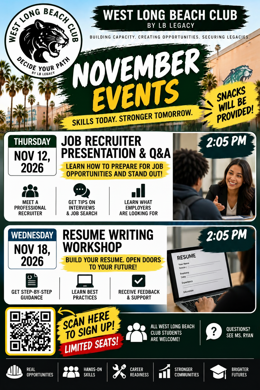 West Long Beach Club November Events — Job Recruiter Nov 12 & Resume Workshop Nov 18