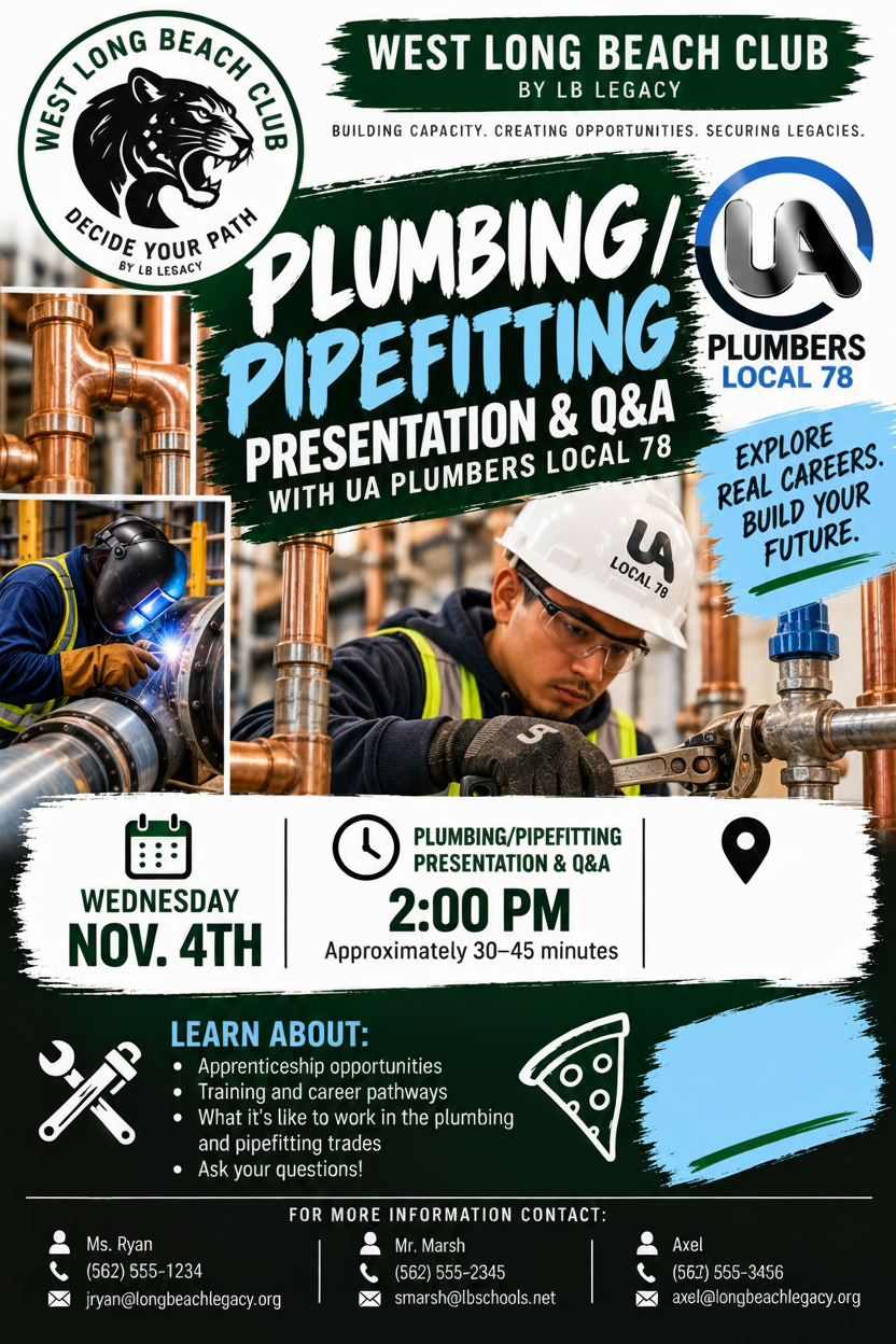 Plumbing & Pipefitting Apprenticeship — UA Plumbers Local 78, Wed Nov 4, Room 709
