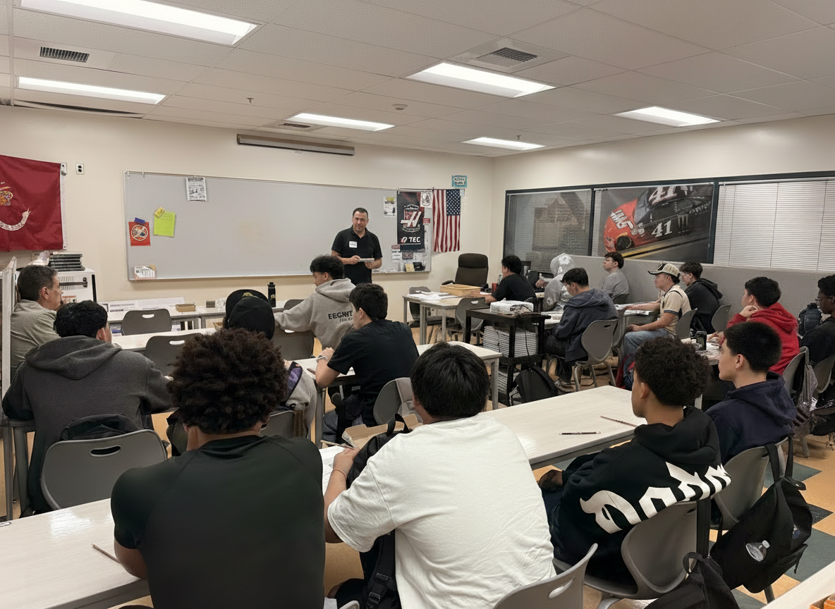 Instructor speaking to a classroom of seated students with pizza boxes on their desks