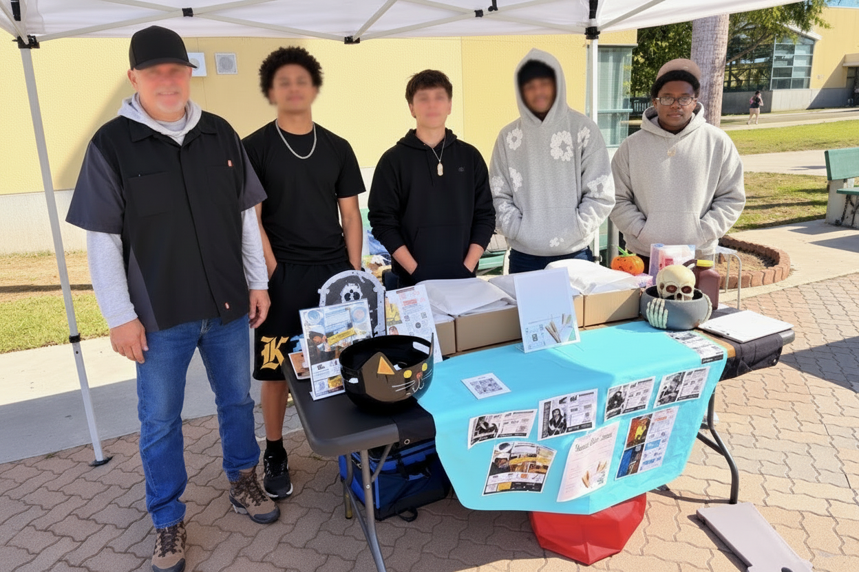 Mentor and students at the Legacy club booth under a canopy tent, with flyers and Halloween decorations