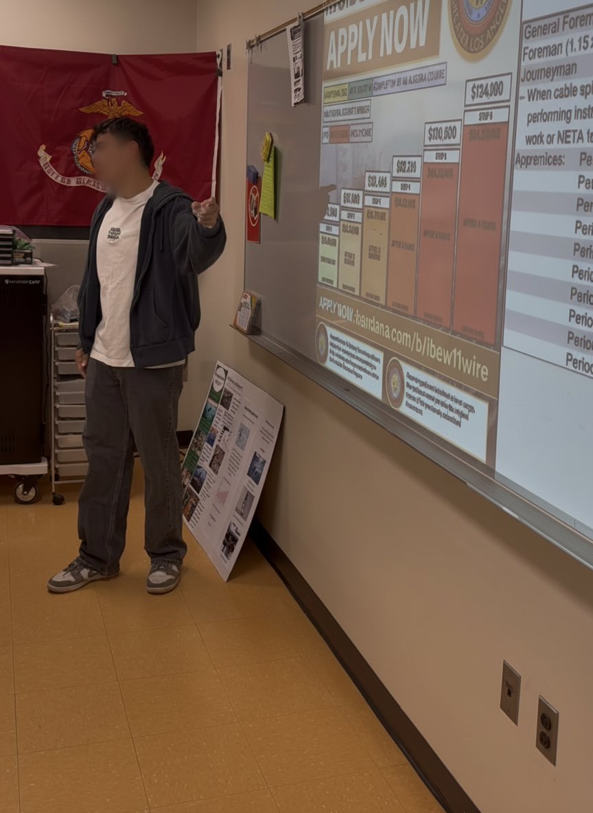 Student presenting the IBEW Inside Wireman apprenticeship wage chart on a projector screen