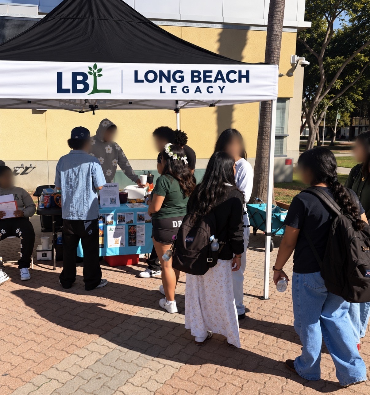Students gathered around the Long Beach Legacy outreach booth under a canopy tent