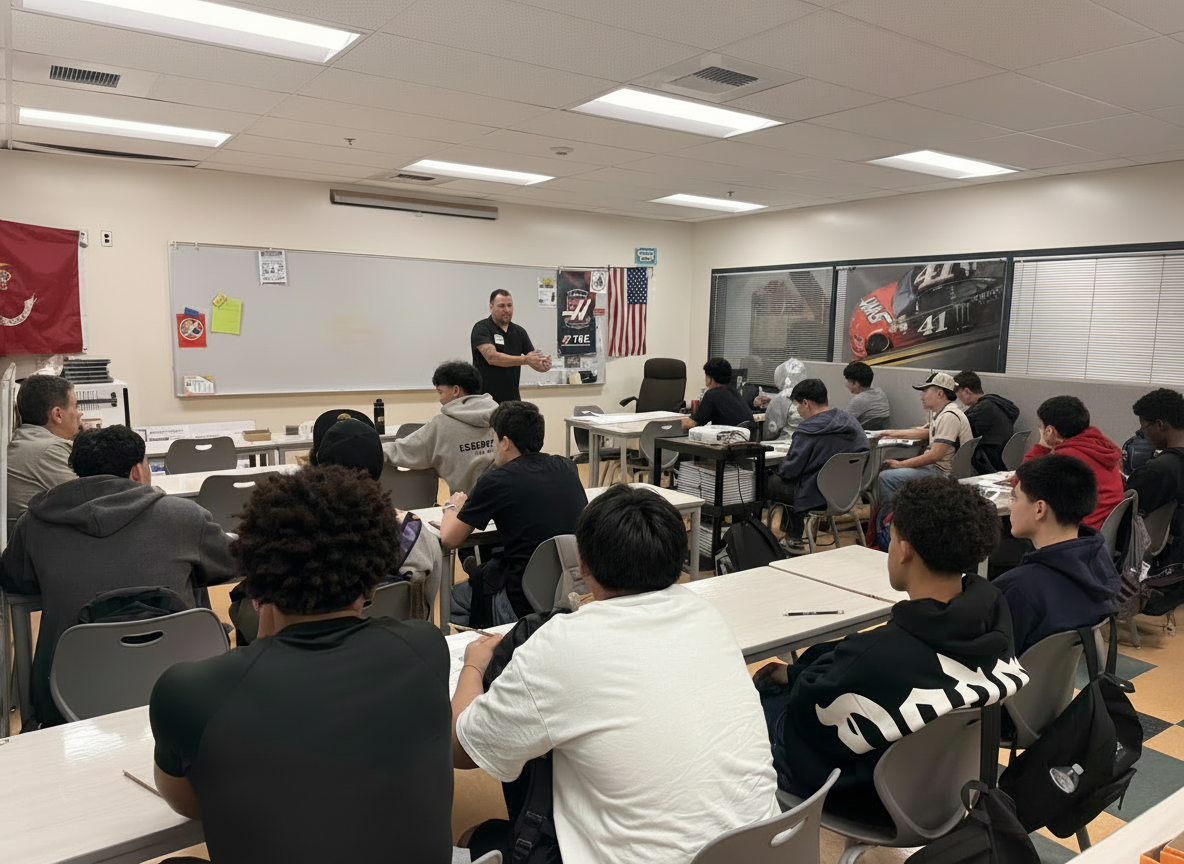 Instructor speaking to a classroom of seated students at a Long Beach Legacy career talk