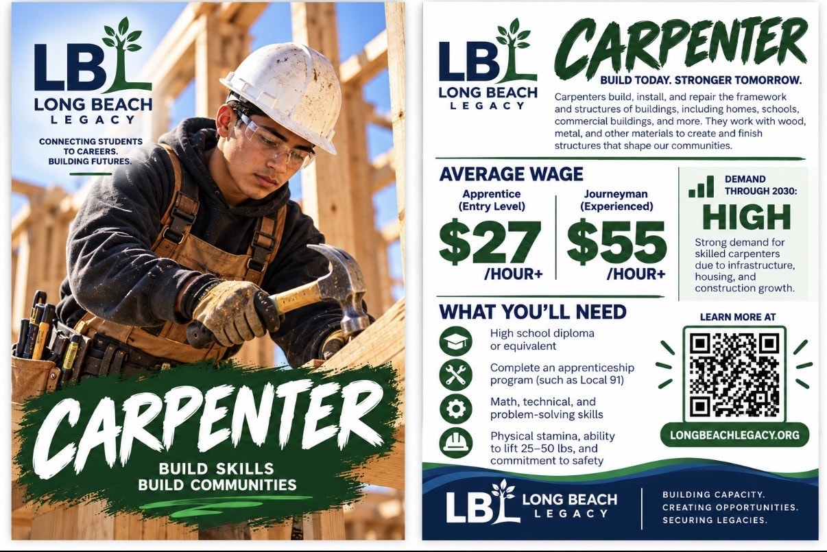 Long Beach Legacy carpenter career postcard showing apprentice and journeyman wages, requirements, and demand outlook