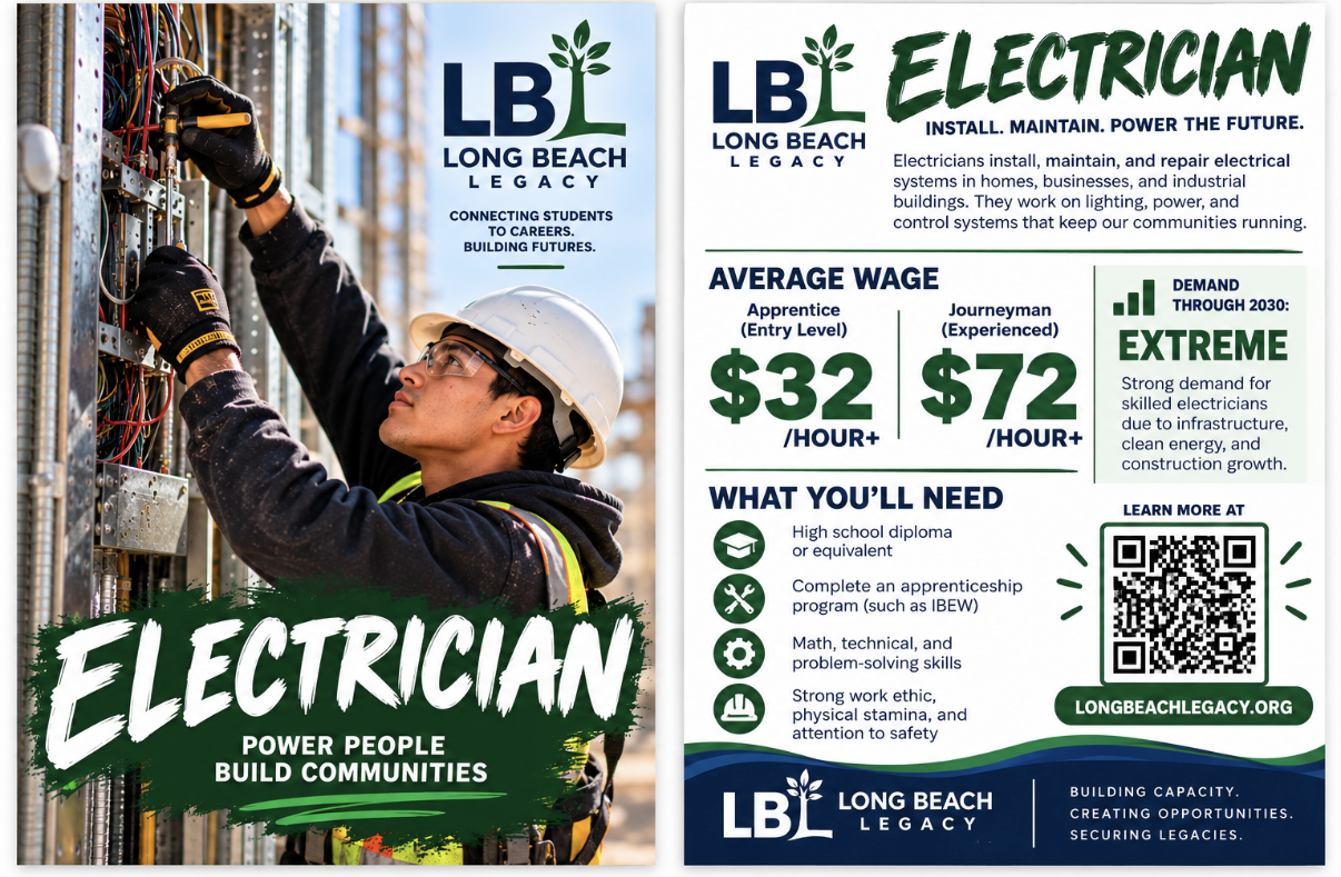 Long Beach Legacy electrician career postcard showing apprenticeship steps, wages, and requirements