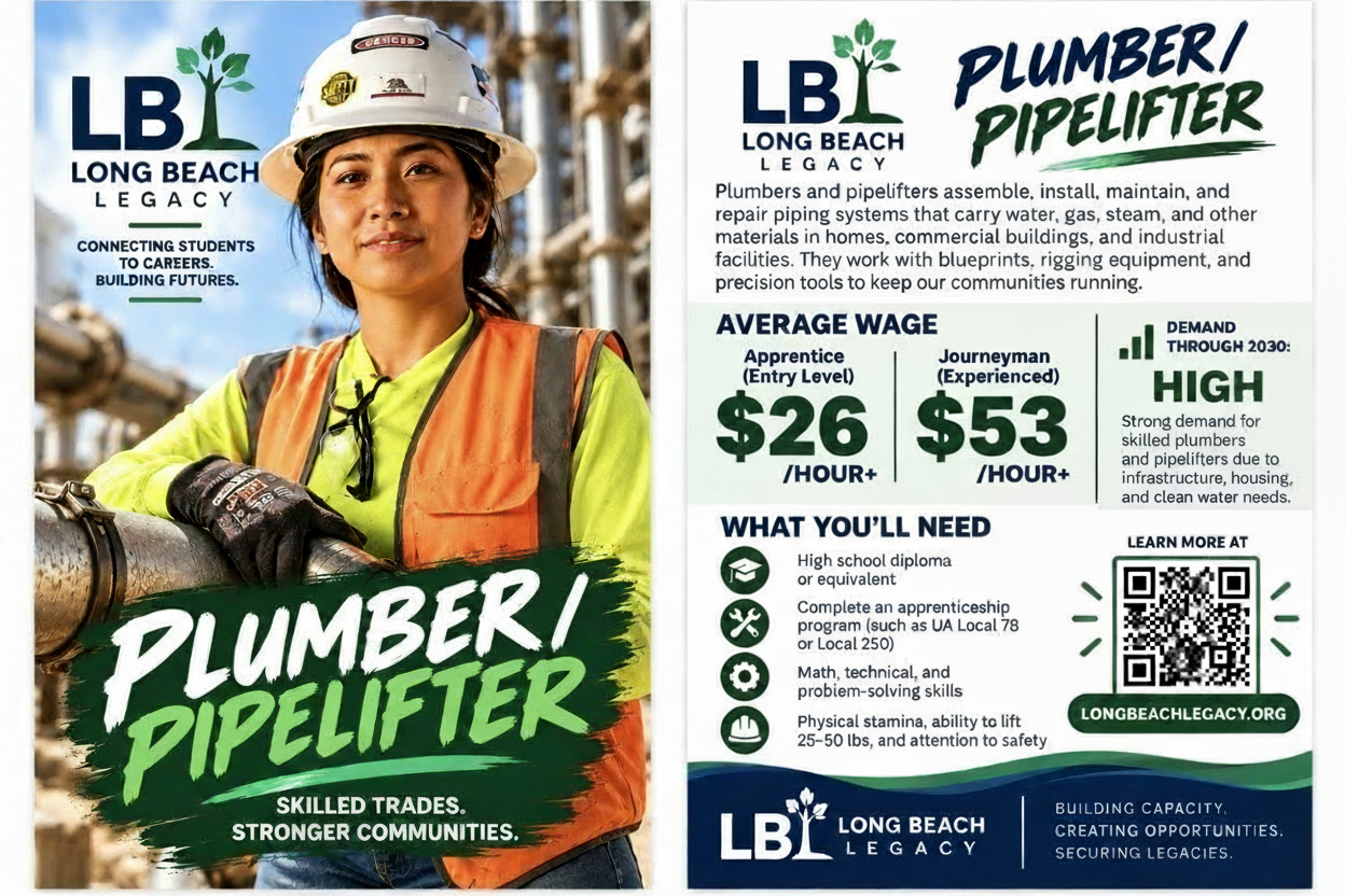 Long Beach Legacy Plumber/Pipefitter career postcard showing wages, requirements, and demand outlook